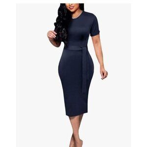 Elegant Womens Med Navy Blue Knee-Length Dress With Belt & Short Sleeves Career